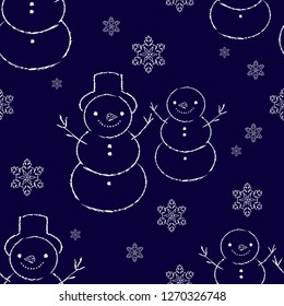 Funny snowmen. Seamless pattern of scrawl. Careless scratchy pen or pencil doodles. Vector illustration. Can be used for wallpaper, textile, invitation card, wrapping, web page background.