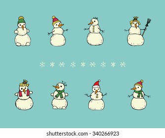 Funny snowmen - a set of eight cute cartoon snowmen. All elements are isolated.