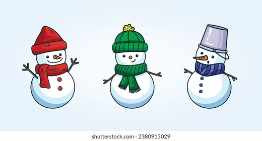 Funny snowmen set with red, green and blue hats, scarves and bucket on cold blue background. 