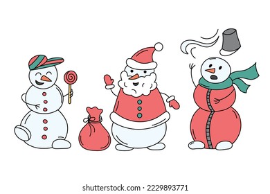 Funny snowmen set. Vector doodle colorful collection of isolated cute snowman characters. Doodle illustration for kids.