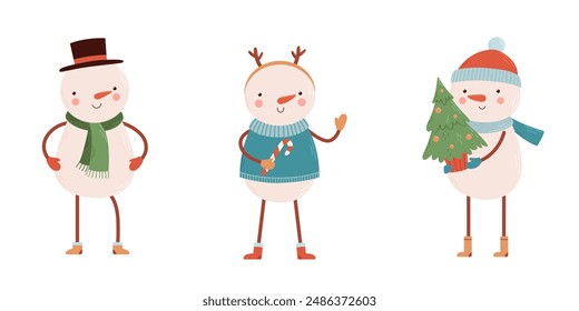 Funny snowmen set. Vector illustration of snowmen in various poses and costumes