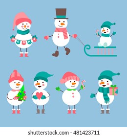 Funny Snowmen. Set of winter holidays snowman. Cheerful with gift