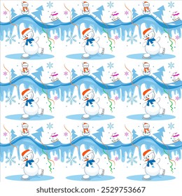 Funny snowmen are skating and sledding. Snowflakes are falling on snowy mountains and winter holiday is reigning. Illustration in the form of a seamless pattern.