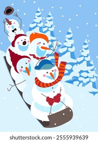 funny snowmen sliding down the hill on a sleigh funny joyful emotions happiness holiday banner for the New Year Christmas party for kindergarten school photo zone