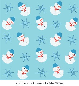 funny snowmen and snowflakes in blue on the background