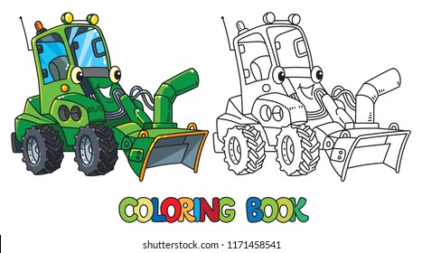 Funny snowthrower car with eyes. Coloring book