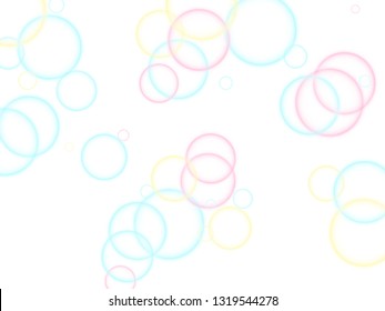 Funny soap bubbles isolated on white background. Pink blue and yellow blurred rings. Children bubbles for play. Abstract soap foam vector design. Girlish backdrop with round shapes.