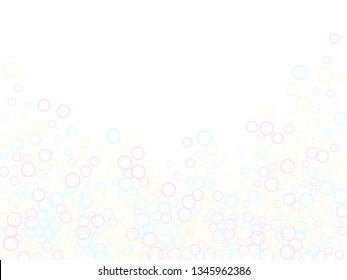 Funny soap bubbles isolated on white background. Pink blue and yellow blurred rings. Children bubbles for play. Cartoon purity background. Girlish backdrop with round shapes.