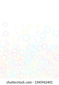 Funny soap bubbles isolated on white background. Pink yellow and blue bokeh lights. Kids bubbles for play. Tender minimalist vector backdrop. Childish magic flying sheres.