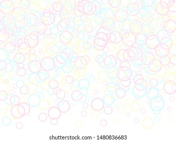 Funny soap bubbles isolated on white background. Pink yellow and blue bokeh lights. Kids bubbles for play. Pretty minimal background. Childish magic flying sheres.