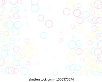 Funny soap bubbles isolated on white background. Pink blue and yellow blurred rings. Children bubbles for play. Soft colors circles flying desugn. Girlish backdrop with round shapes.