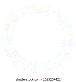 Funny soap bubbles isolated on white background. Pink blue and yellow blurred rings. Children bubbles for play. Soft colors circles flying desugn. Girlish backdrop with round shapes.