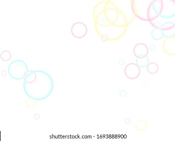 Funny soap bubbles isolated on white background. Pink yellow and blue bokeh lights. Kids bubbles for play. Pretty minimal background. Childish magic flying sheres.