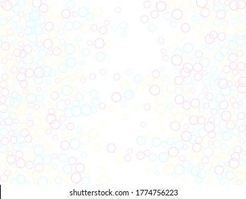 Funny soap bubbles isolated on white background. Pink yellow and blue bokeh lights. Children bubbles for play. Tender minimalist vector backdrop. Girlish backdrop with round shapes.