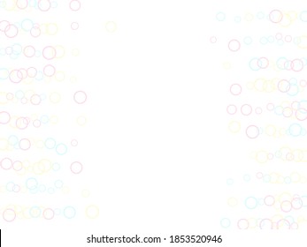 Funny soap bubbles isolated on white background. Pink yellow and blue bokeh lights. Kids bubbles for play. Cartoon purity background. Childish magic flying sheres.