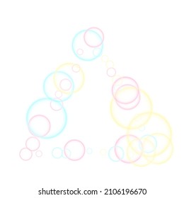 Funny soap bubbles isolated on white background. Pink blue and yellow blurred rings. Children bubbles for play. Pretty minimal background. Girlish backdrop with round shapes.