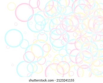 Funny soap bubbles isolated on white background. Pink yellow and blue bokeh lights. Children bubbles for play. Tender minimalist vector backdrop. Girlish backdrop with round shapes.