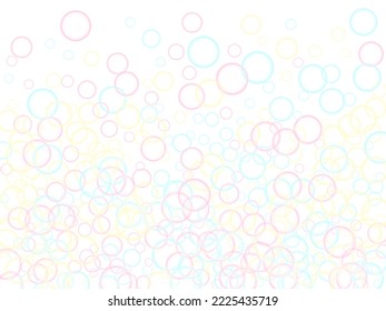 Funny soap bubbles isolated on white background. Pink blue and yellow blurred rings. Children bubbles for play. Pretty minimal background. Girlish backdrop with round shapes.