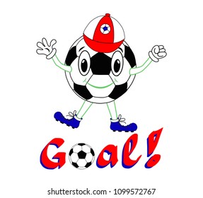 Funny Soccer Ball with peaked cap on a white Background. Vector illustration, print, Football character with lettering