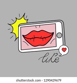 Funny social media vector. A cell phone with a red lips/selfie on a screen, a flash light on the left side and a sign "like" plus lettering