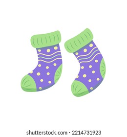 Funny socks. Funny pair of warm purple socks. Polka dots. Flat, cartoon. Isolated vector illustration eps 10
