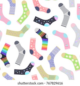 Funny socks seamless pattern, cartoon flat design, vector background.