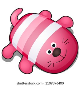Funny soft pillow in the form of pink striped smiling animal isolated on white background. Vector cartoon close-up illustration.
