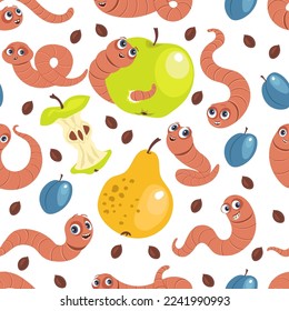 Funny soil worms seamless pattern. Cute cartoon characters with fruits. Garden dwellers. Waste eaters. Earthworms with plums. Apple seeds. Crawling insects. Splendid