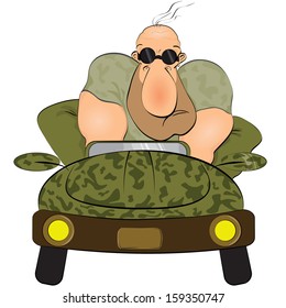 Funny soldier driving car, vector isolated