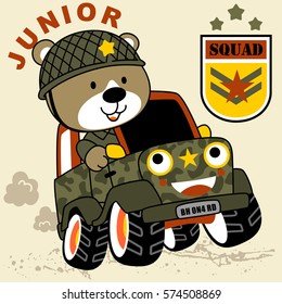 Funny soldier on a military jeep, vector cartoon illustration. Eps 10