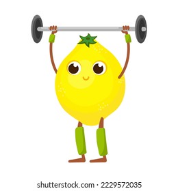 Funny sour lemon fruit character doing yoga. Kawaii comic fruit having workout. Cartoon vector illustration. Food, body wellness, gym sport concept
