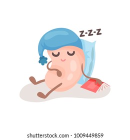 Funny soy bean character in a blue hat sleeping on a pillow, cute soybean with human face cartoon vector Illustration