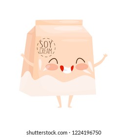 Funny soy cream character in cardboard pack. Happy emotion. Fresh dairy product. Flat vector design