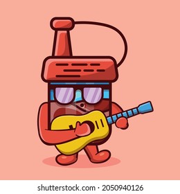 Funny soy sauce bottle mascot playing guitar isolated cartoon in flat style