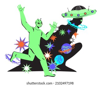 Funny space alien with fantasy UFO spaceship cartoon characters, flat vector illustration isolated on white background. Decorative element with cosmic visitor or space alien.