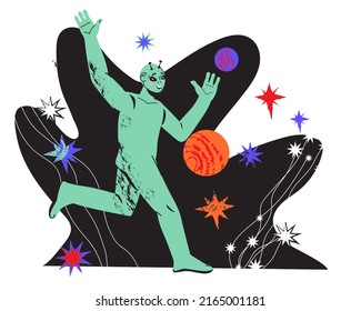 Funny space alien green humanoid among space objects and planets, flat vector illustration isolated on white background. Universe exploration and space banner backdrop.