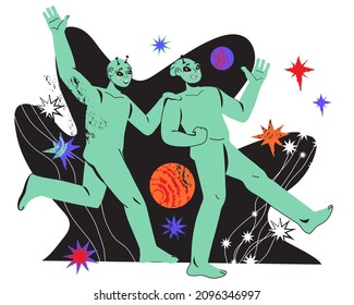 Funny space aliens cartoon characters, flat vector illustration isolated on white background. Cosmic visitors or space aliens.