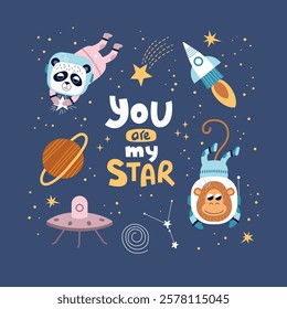 Funny space animals. Cute fauna astronauts in spacesuits, kids planets and rockets, cartoon characters in zero gravity, vector illustration