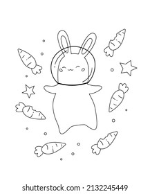Funny space bunny with carrots and stars. Kawaii cartoon rabbit. Coloring book. Black and white vector illustration.