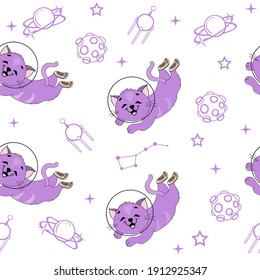 Funny space cat and silhouette planets. Vector cartoon illustration on a white background seamless pattern. Cute cartoon animals