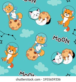 Funny space cats astronaut and the inscription moon seamless pattern. Vector illustration for t-shirt design