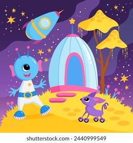 Funny space characters are waiting for guests. Simple vector illustration in flat style for cards, puzzles, tableware, posters, textiles, home decor and more.