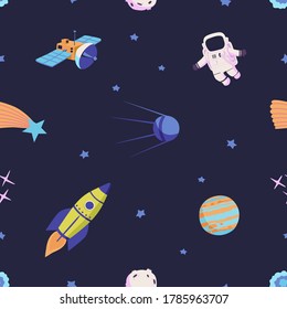 Funny Space colorful vector seamless pattern with dark background