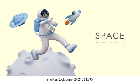 Divertido concepto de espacio en estilo de dibujos animados. Astronauta en traje espacial está corriendo en el planeta, apuntando hacia adelante