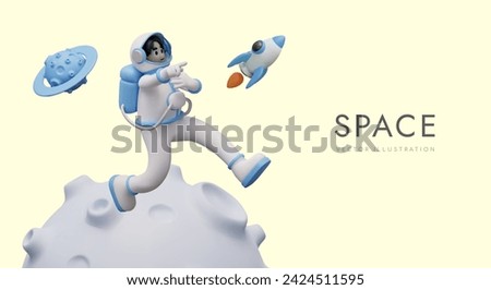 Funny space concept in cartoon style. Astronaut in spacesuit is running on planet, pointing forward