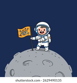 Funny space explorer in a bright white suit, casually sitting on a moon rock while holding a playful red satellite.