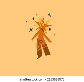 Funny space meditating strange cosmos figure character with a star head.Cute abstract creature alien from space,magic with stars and moon.Cartoon style.Hand drawn trendy,isolated Vector illustration.