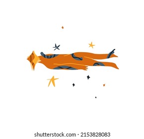 Funny space meditating strange cosmos figure character with a star head.Cute abstract creature flying alien from space,magic with stars and moon.Cartoon style.Hand drawn,isolated Vector illustration.
