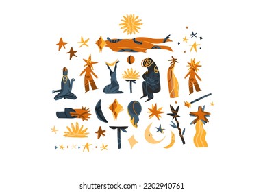 Funny space meditating strange cosmos figure people characters collection set.Cute abstract creature alien from space,magic with stars and moon.Cartoon style.Vector strange character design concept.