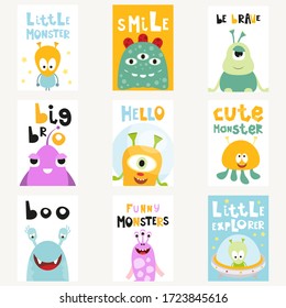 Funny Space Monsters Posters Set - Cartoon Aliens and Galaxy Monsters with Shuttles, Rockets and Spaceships. Kids Illustration for Baby Clothes, Greeting Card, Nursery Decor. Vector Illustration.